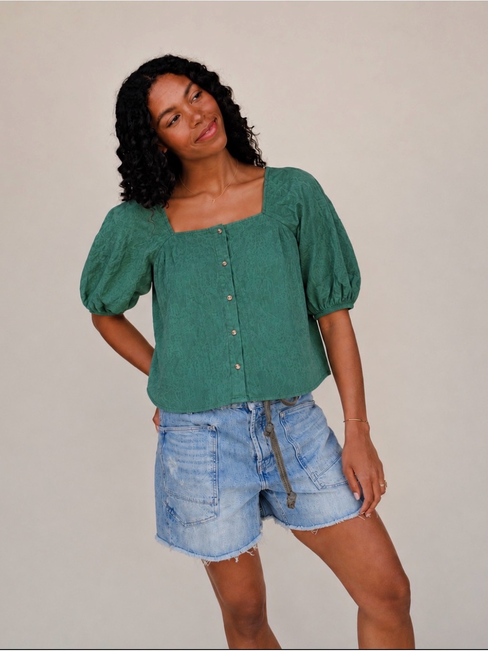 Roolee Green Button-Up Puff Sleeve Blouse Top Square Neck NWT